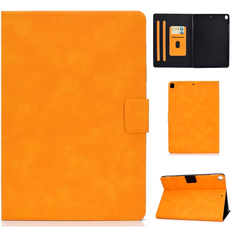 Cowhide-texture flip leather case with card holder and sleep/wake flap, orange.