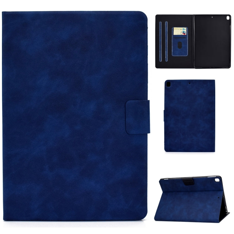Cowhide-texture flip leather case with card slots and sleep/wake cover, deep blue.