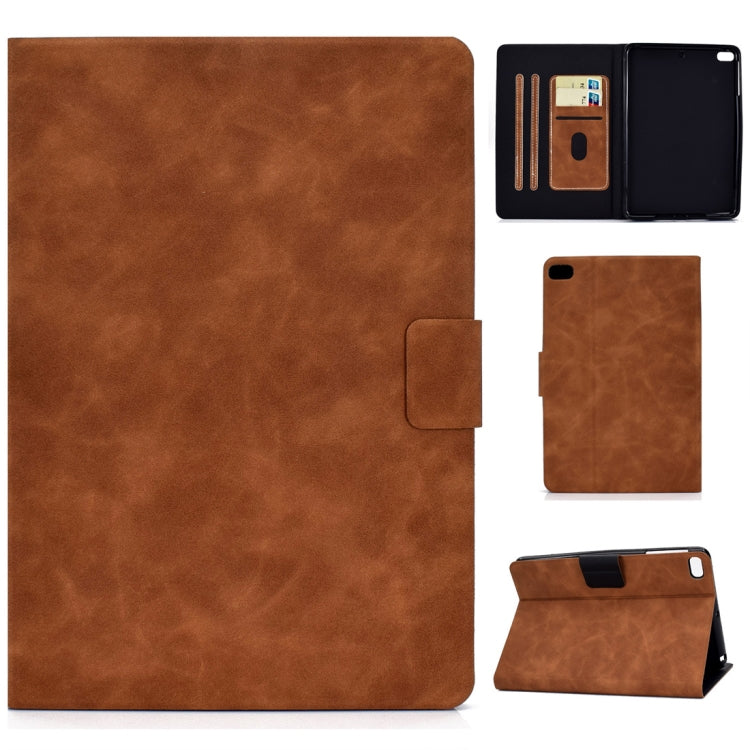 Cowhide-textured leather flip case with card slots and sleep/wake, brown folio front