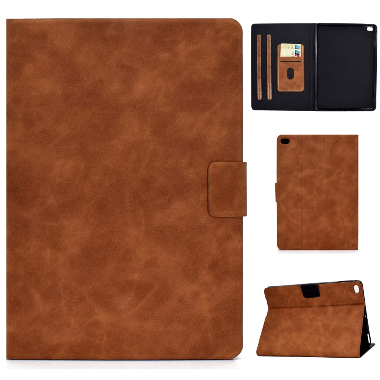 Cowhide-textured leather flip case with card slots and sleep/wake, warm brown folio