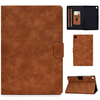 Brown cowhide-textured leather flip case with card slots and sleep/wake holder for tablet