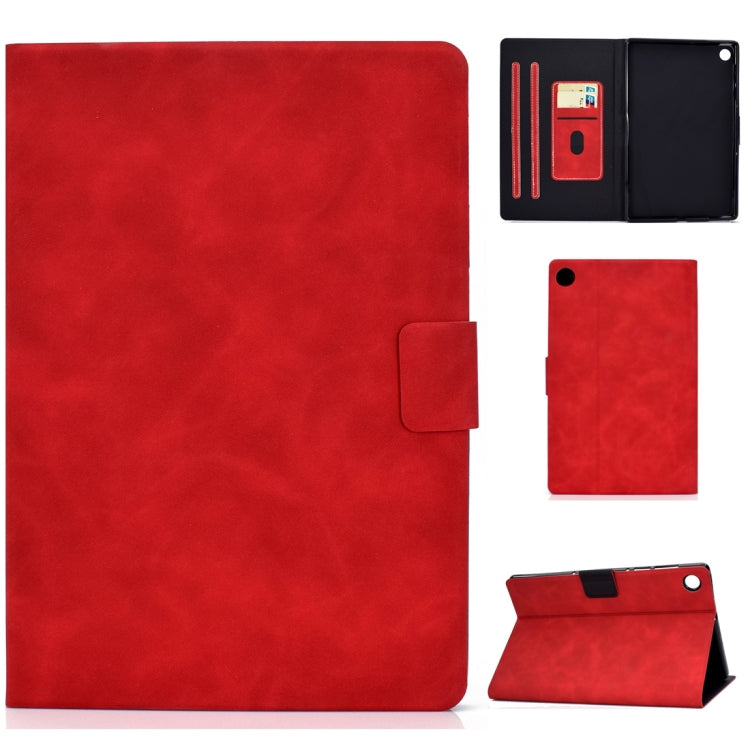 Red cowhide-textured leather flip case with card slots and sleep/wake holder for tablet
