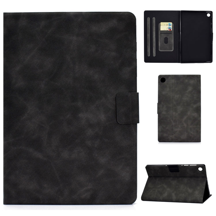 Grey cowhide-textured leather flip case with card slots and sleep/wake holder for tablet