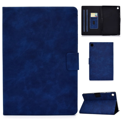 Blue cowhide-textured leather flip case with card slots and sleep/wake holder for tablet