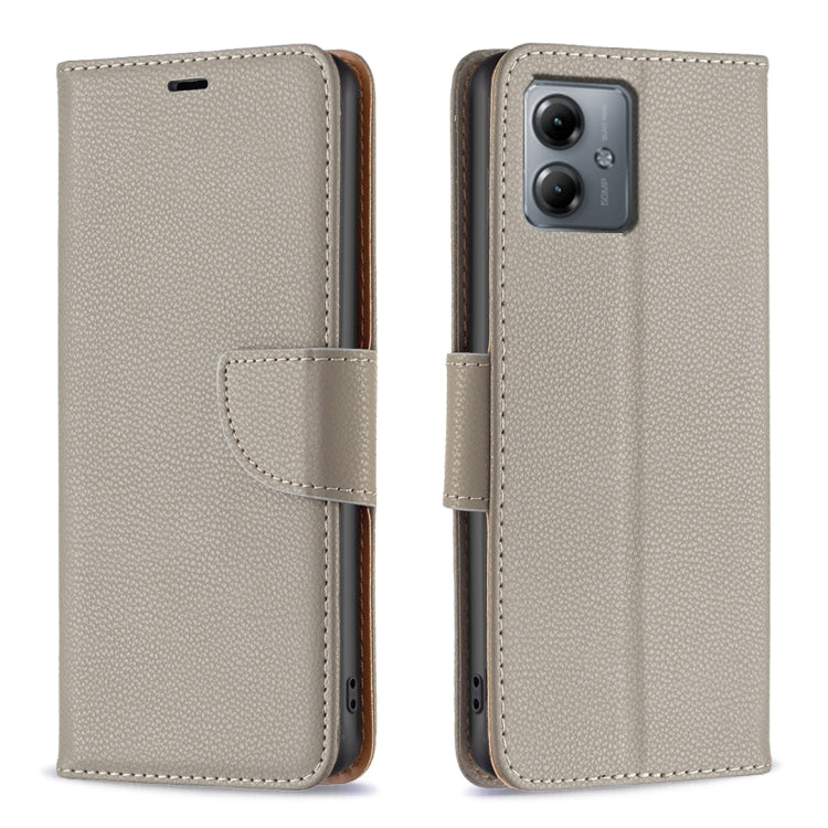Grey textured flip leather phone case with magnetic strap and cutouts for buttons