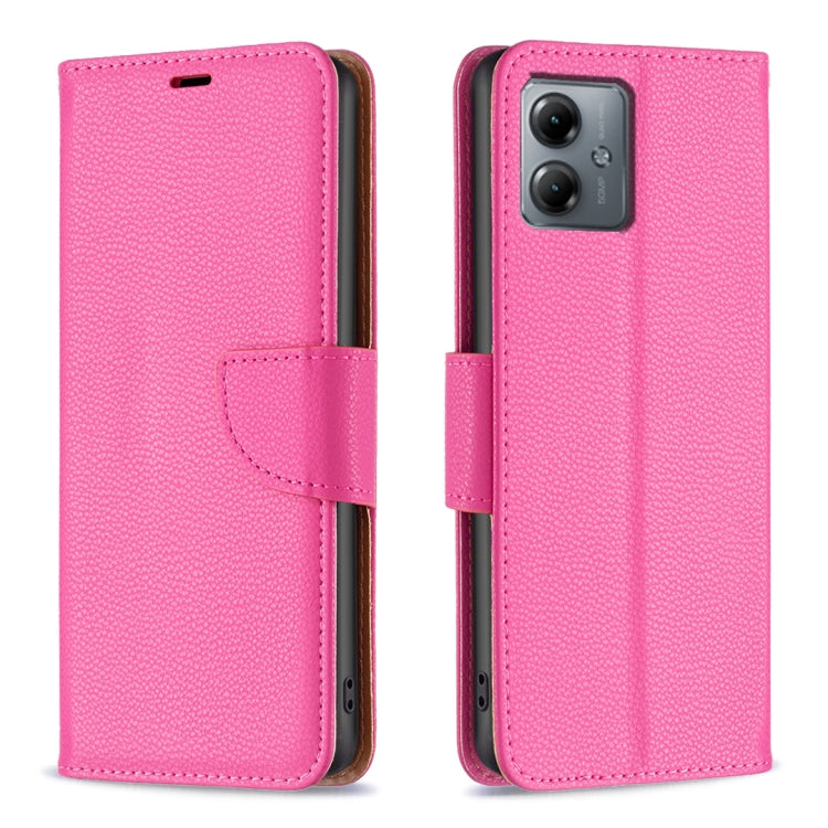 Pink litchi-texture flip leather phone case with magnetic strap and camera cutout