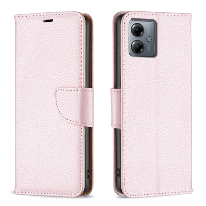 Light pink litchi-texture flip leather phone case with magnetic strap and camera cutout