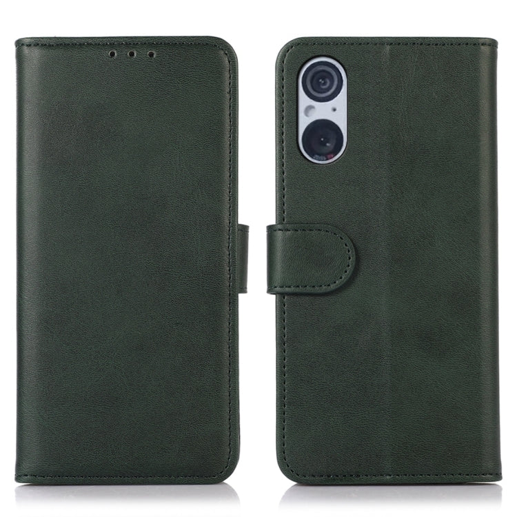 Green folio leather phone case with camera cutout and snap tab, front and back