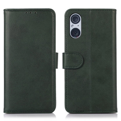 Green folio leather phone case with camera cutout and snap tab, front and back