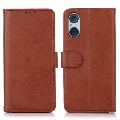 Brown folio leather phone case with camera cutout and snap tab, front and back