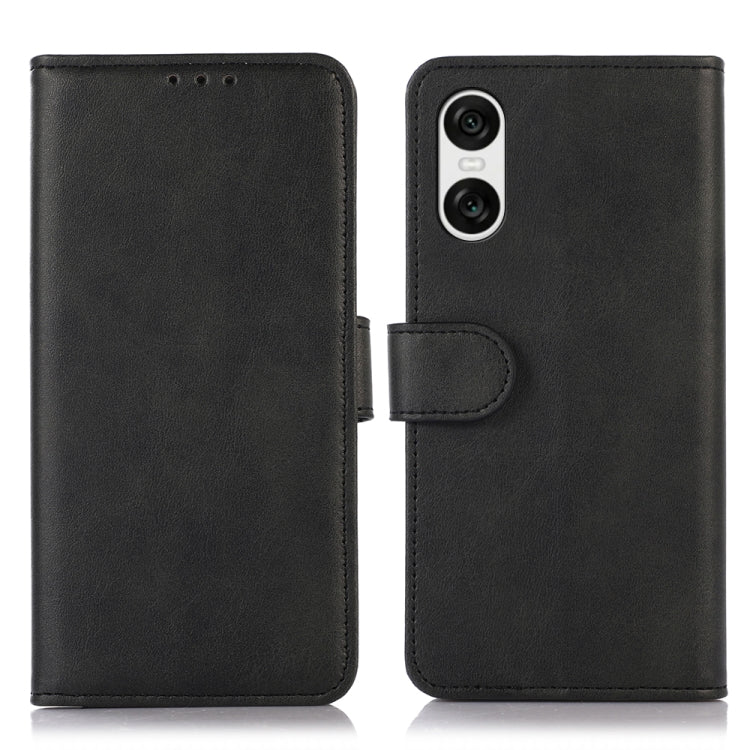 Cow texture leather phone case in black with flip cover and snap strap