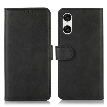 Cow texture leather phone case in black with flip cover and snap strap