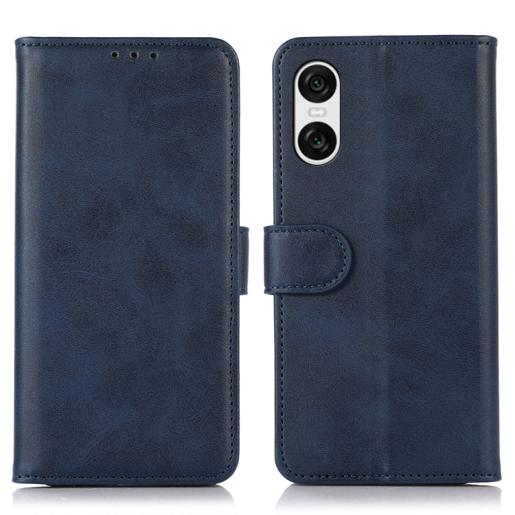 Cow texture leather phone case in blue with flip cover and snap strap