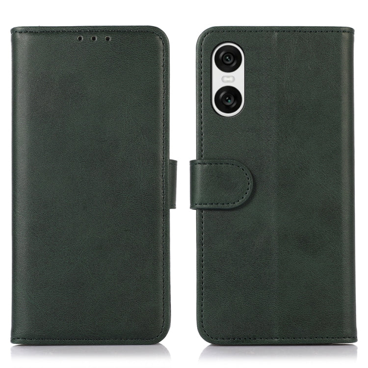 Cow texture leather phone case in green with flip cover and snap strap