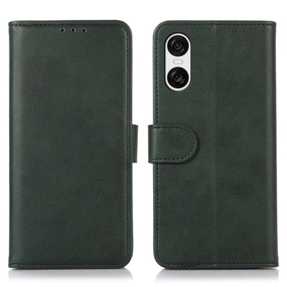 Cow texture leather phone case in green with flip cover and snap strap