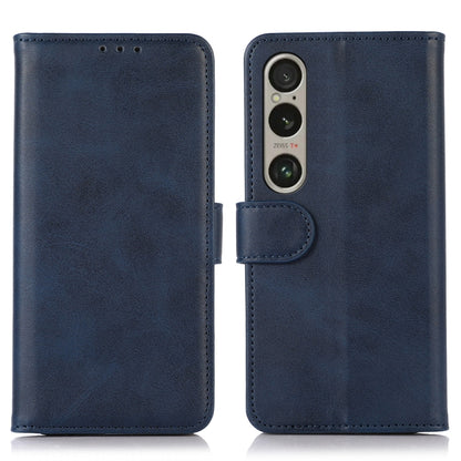Blue folio leather phone case with camera cutout and snap tab, front and back