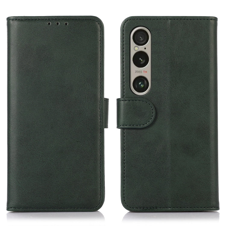 Green folio leather phone case with camera cutout and snap tab, front and back