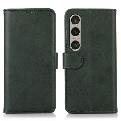 Green folio leather phone case with camera cutout and snap tab, front and back