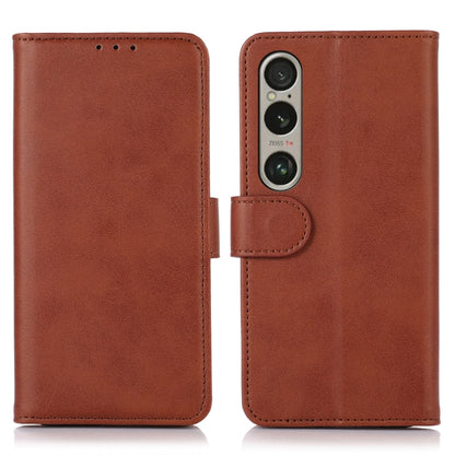 Brown folio leather phone case with camera cutout and snap tab, front and back