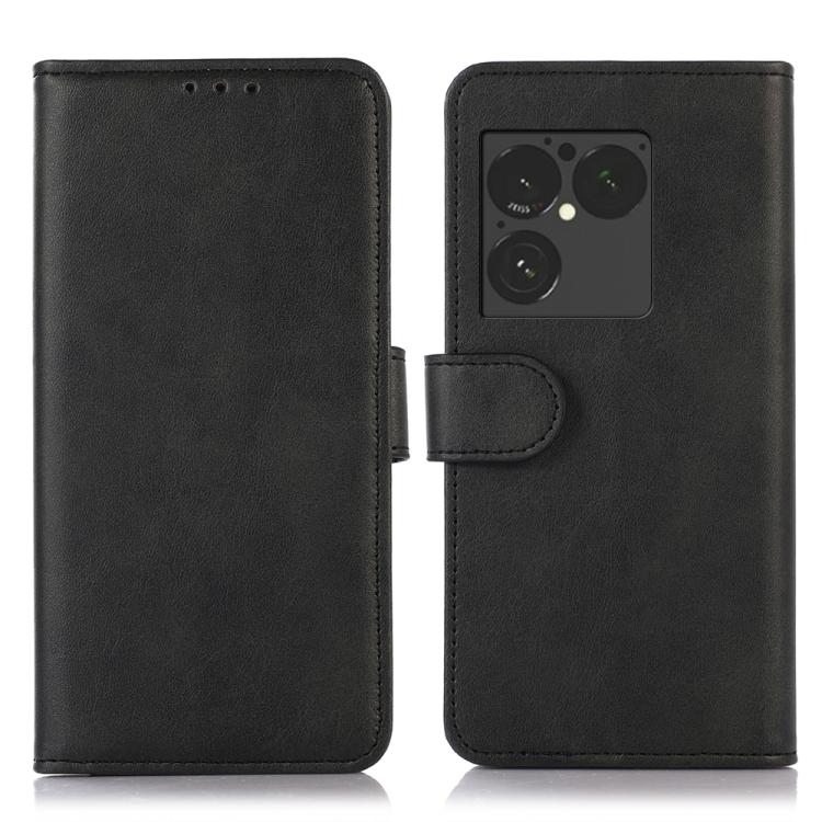 Cow texture leather phone case in black with flip cover and camera cutout