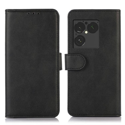 Cow texture leather phone case in black with flip cover and camera cutout