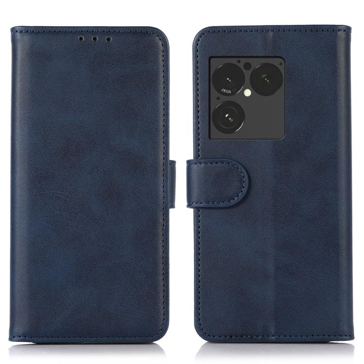 Cow texture leather phone case in blue with flip cover and camera cutout