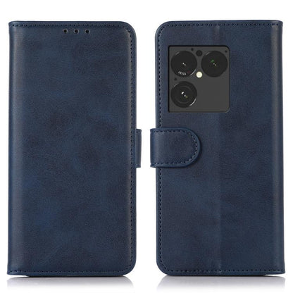Cow texture leather phone case in blue with flip cover and camera cutout
