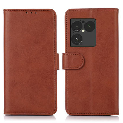 Cow texture leather phone case in brown with flip cover and snap strap
