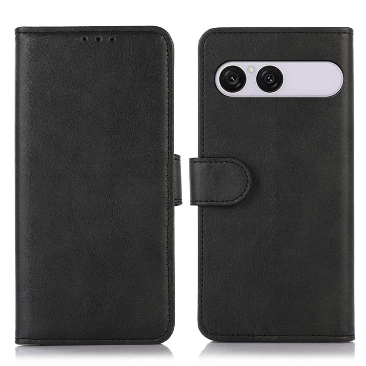 Black cow-texture leather phone case with folio flap and camera cutout.