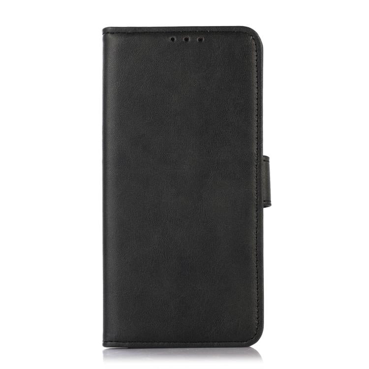 Black cow-texture leather phone case with folio flap, front view.