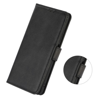 Black cow-texture leather phone case with side button cover and folio strap.