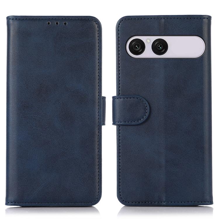 Blue cow-texture leather phone case with folio flap and camera cutout.