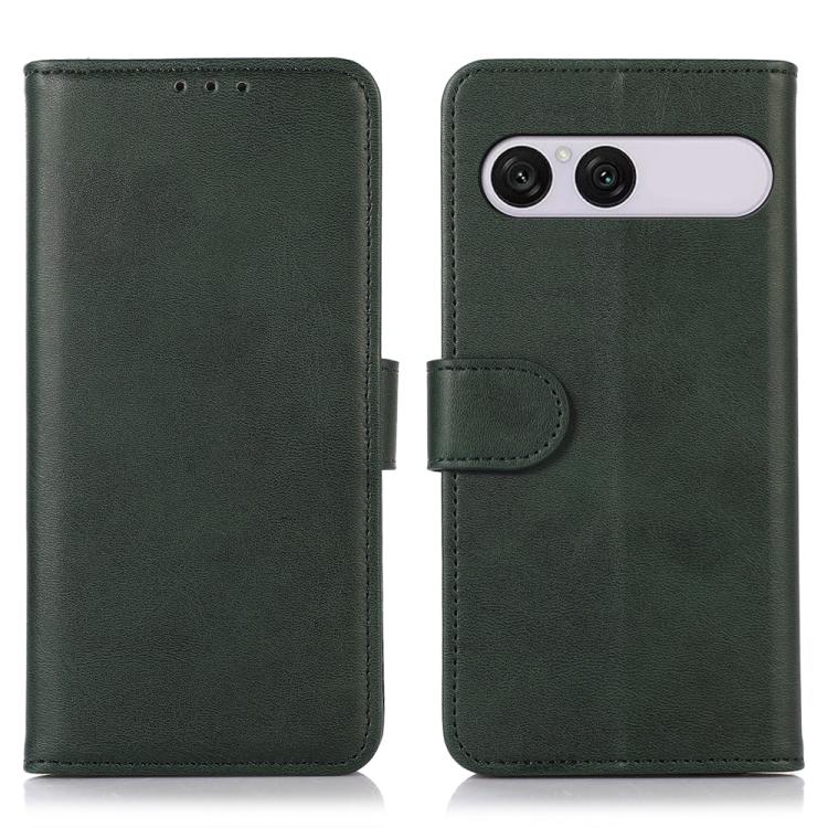 Green cow-texture leather phone case with folio flap and dual-camera cutout.