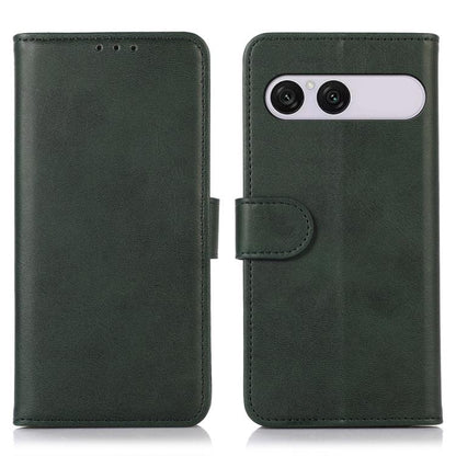 Green cow-texture leather phone case with folio flap and dual-camera cutout.