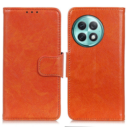 Orange flip leather phone case with textured finish, magnetic strap, round camera window