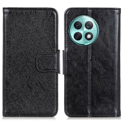 Black flip leather phone case with textured finish, magnetic strap, round camera window
