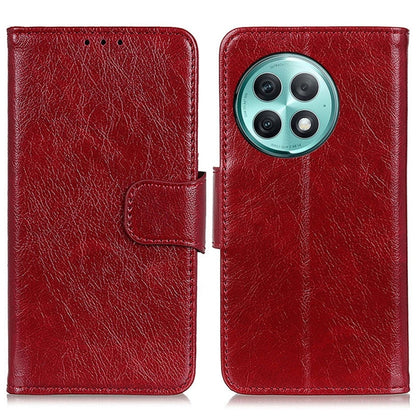 Red flip leather phone case with textured finish, magnetic strap, circular camera window