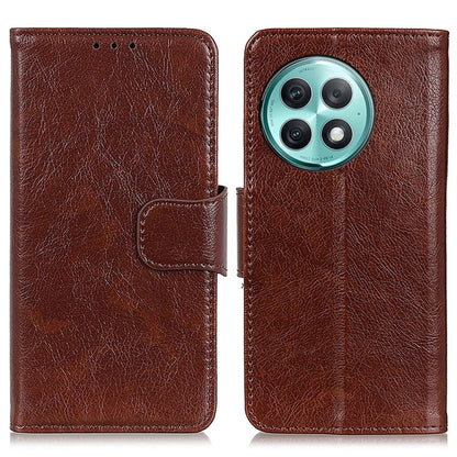 Brown flip leather phone case with textured finish, magnetic strap, circular camera window