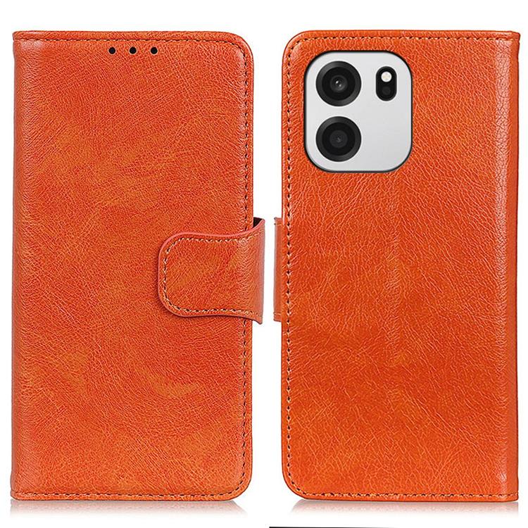 Orange nappa texture flip leather phone case with strap and camera cutout