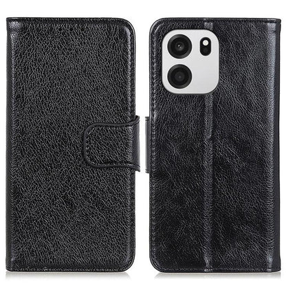 Black nappa texture flip leather phone case with strap and camera cutout