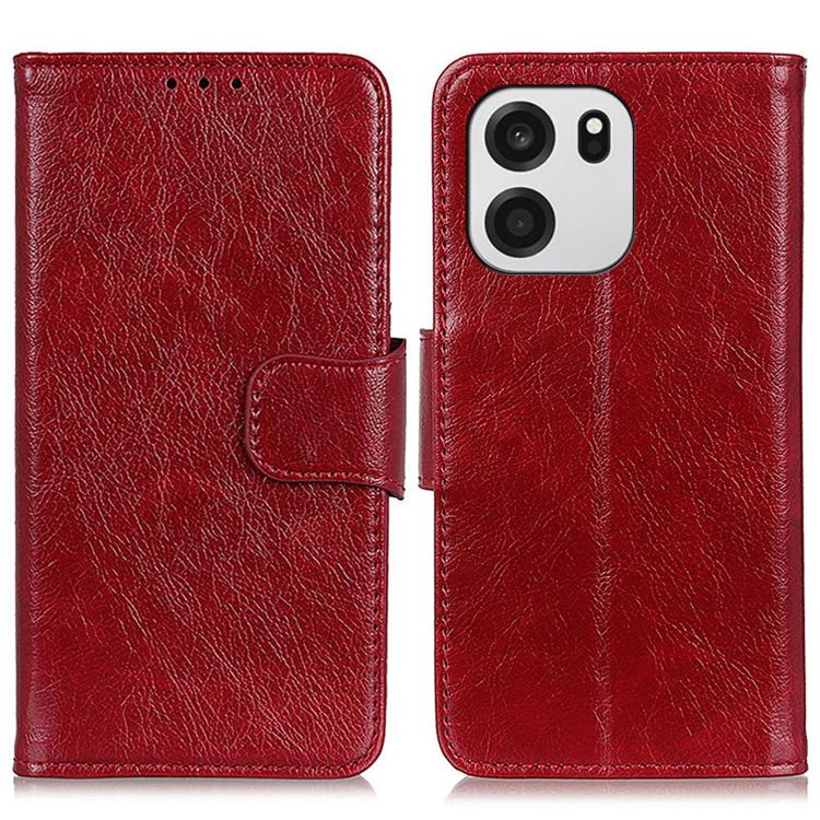Red flip leather phone case with textured finish and side magnetic strap, camera cutout