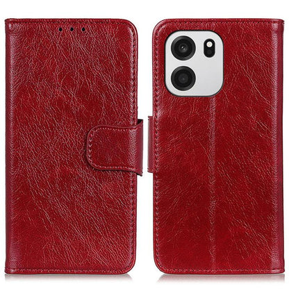Red flip leather phone case with textured finish and side magnetic strap, camera cutout