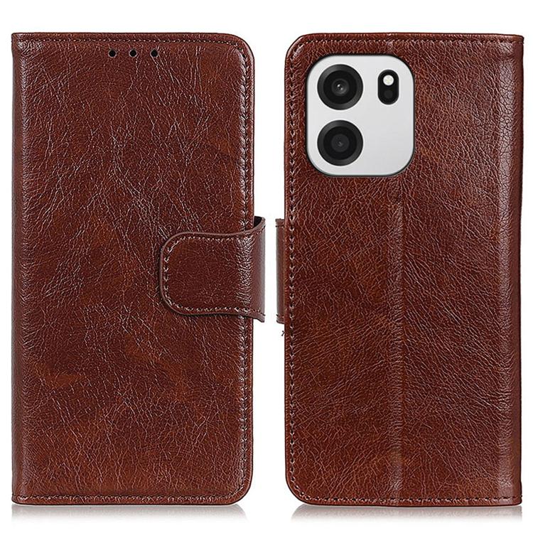 Brown flip leather phone case with textured finish and side magnetic strap, camera cutout
