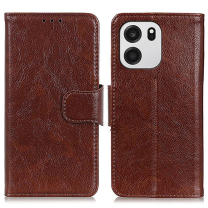 Brown flip leather phone case with textured finish and side magnetic strap, camera cutout