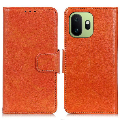 Orange nappa texture flip leather phone case with strap and camera cutout