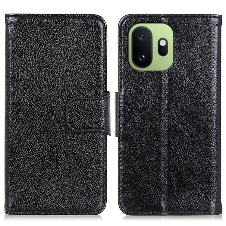 Black nappa texture flip leather phone case with strap and camera cutout