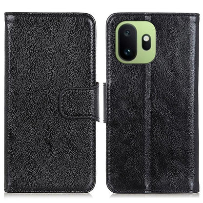 Black nappa texture flip leather phone case with strap and camera cutout