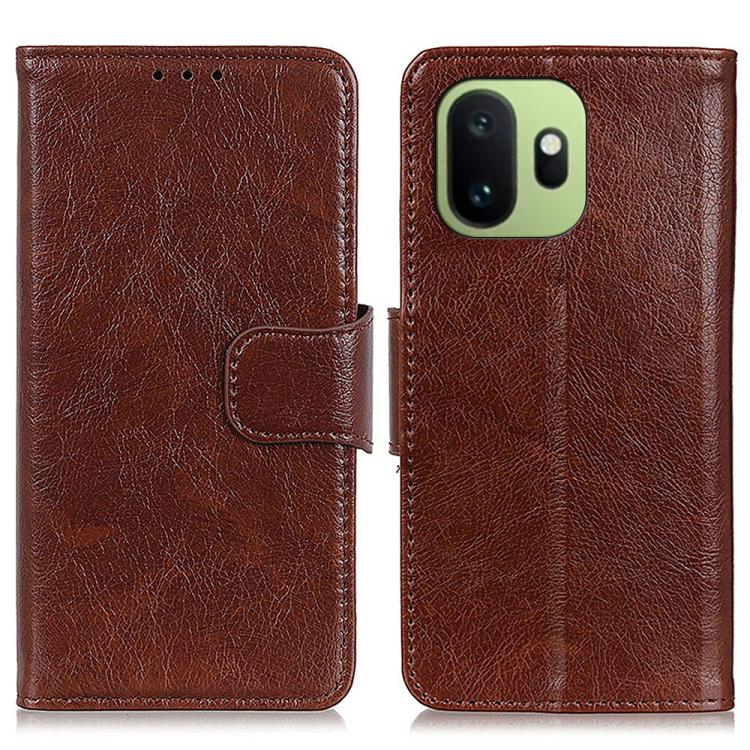 Brown nappa texture flip leather phone case with strap and camera cutout