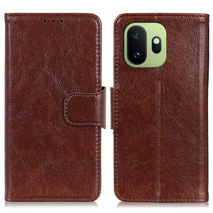 Brown nappa texture flip leather phone case with strap and camera cutout