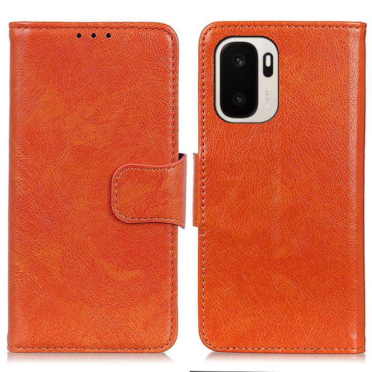 Orange nappa texture flip leather phone case with strap and camera cutout